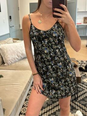 Black Floral Slip Dress with Blue & Green Bouquet